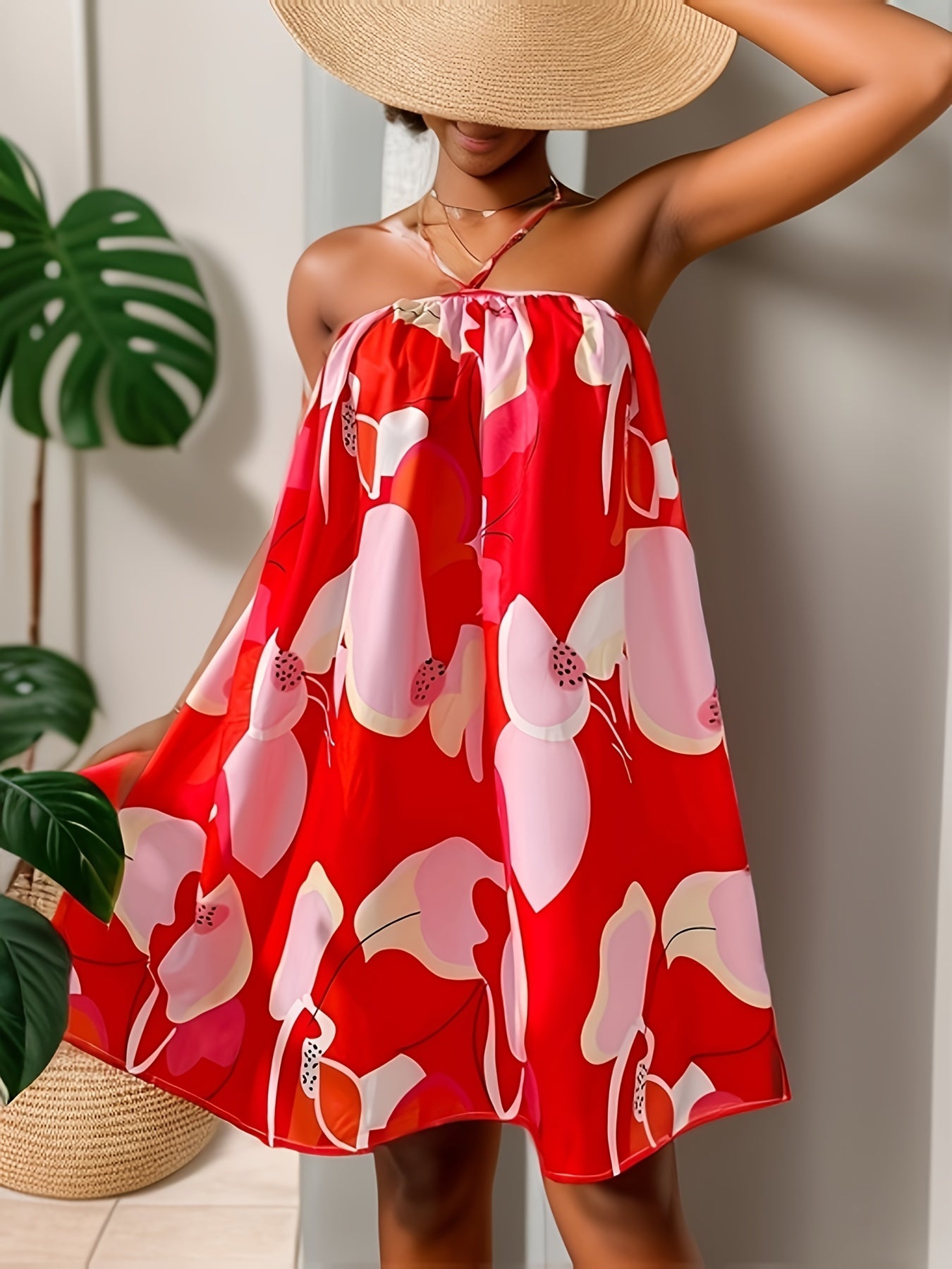 Floral Print Backless Dress Vacation Spaghetti Strap Mini Dress