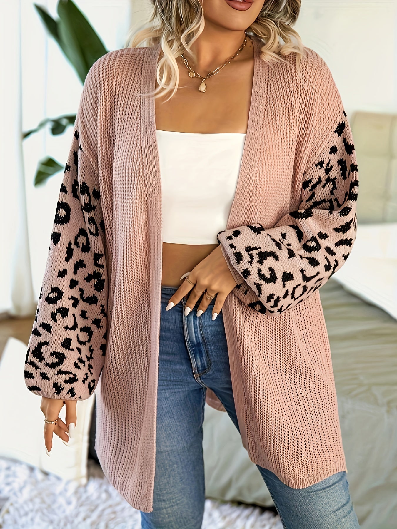 Leopard Print Lantern Sleeve Open Front Cardigan