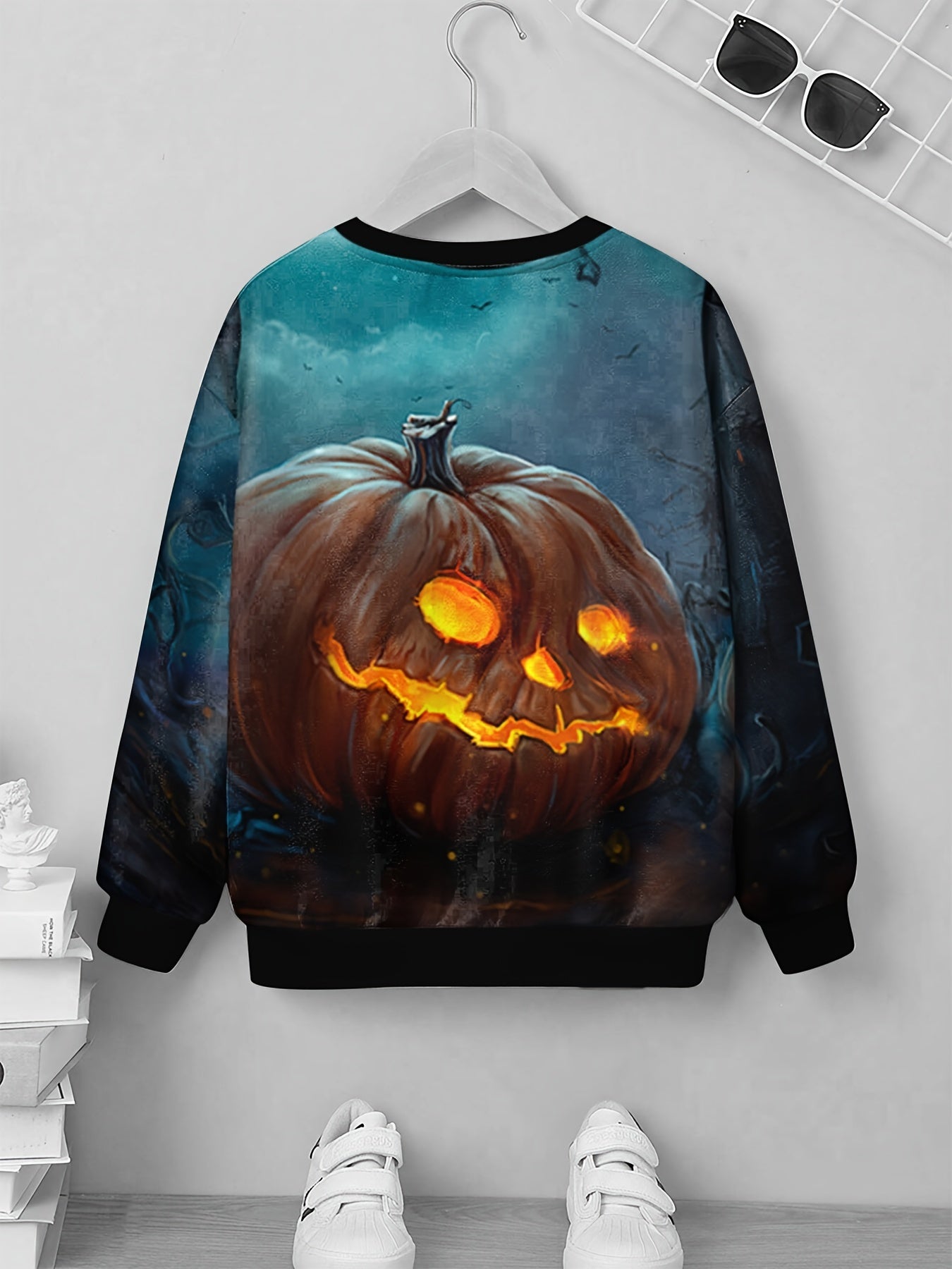 Anime Pumpkin Print Kid's Pullover Halloween Style Long Sleeve Top