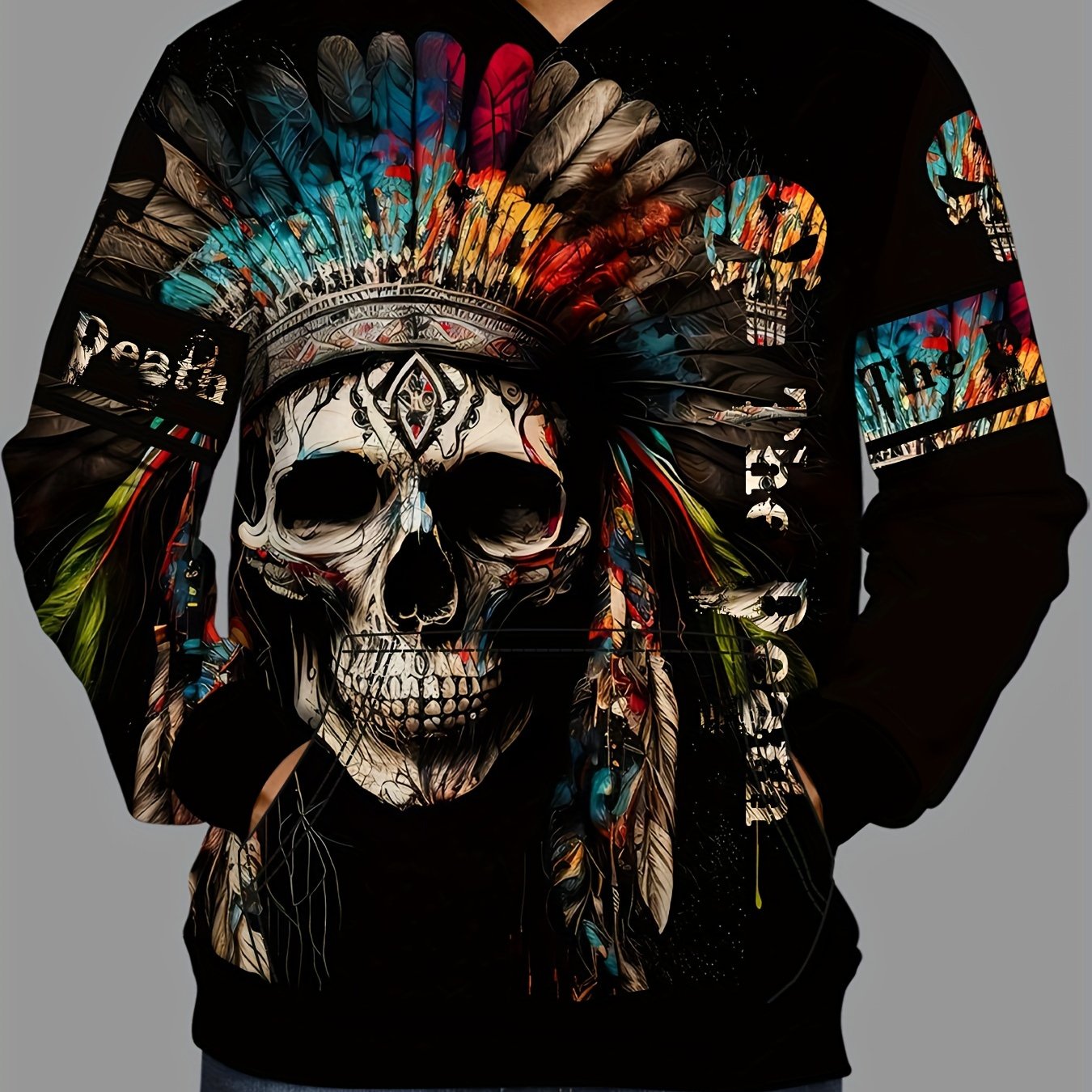 Ethnic Style Skull Print Hoodie Men's Graphic Pullover Autumn Winter
