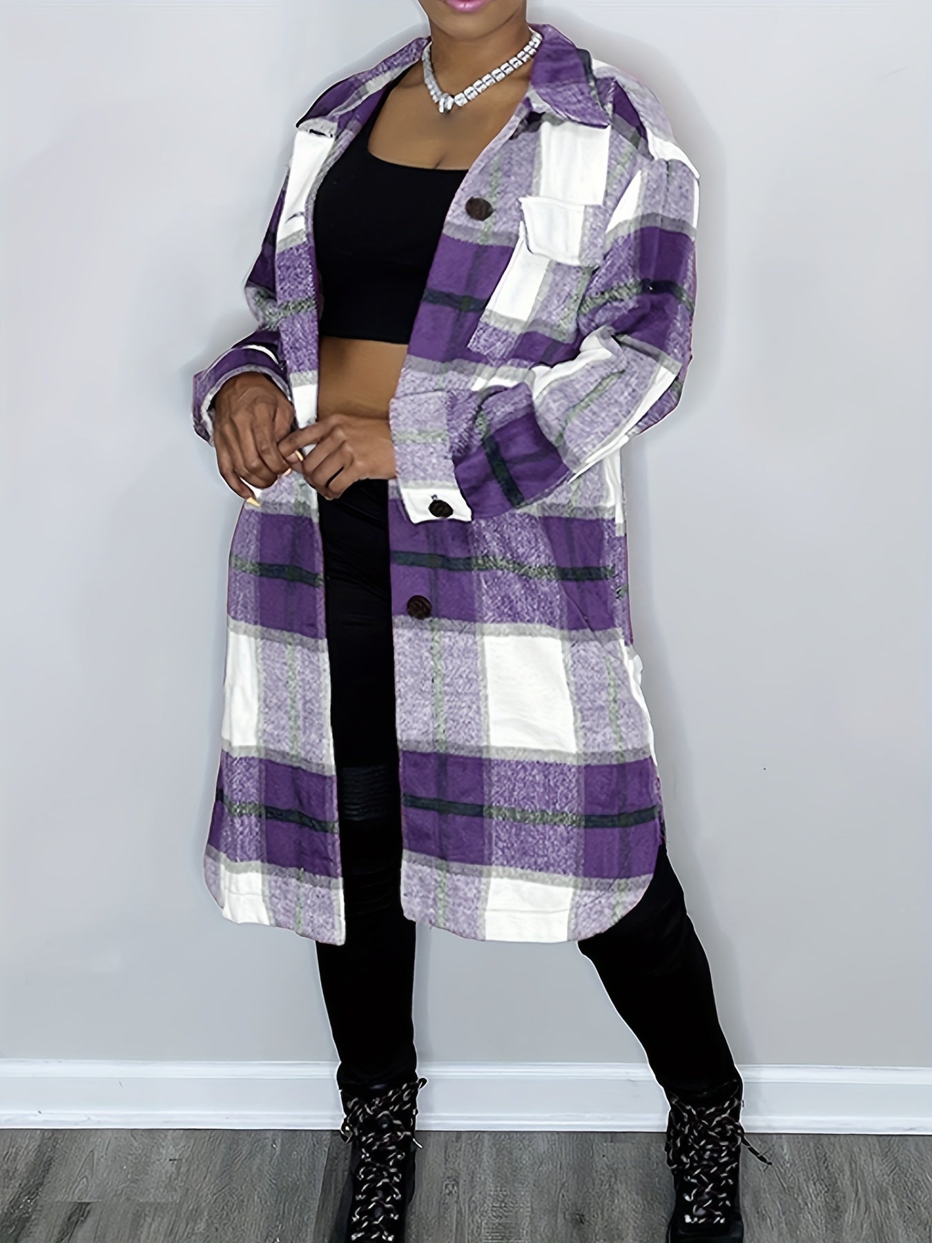 Plaid Drop Shoulder Jacket Casual Flap Pockets Long Jacket