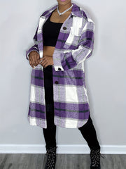 Plaid Drop Shoulder Jacket Casual Flap Pockets Long Jacket