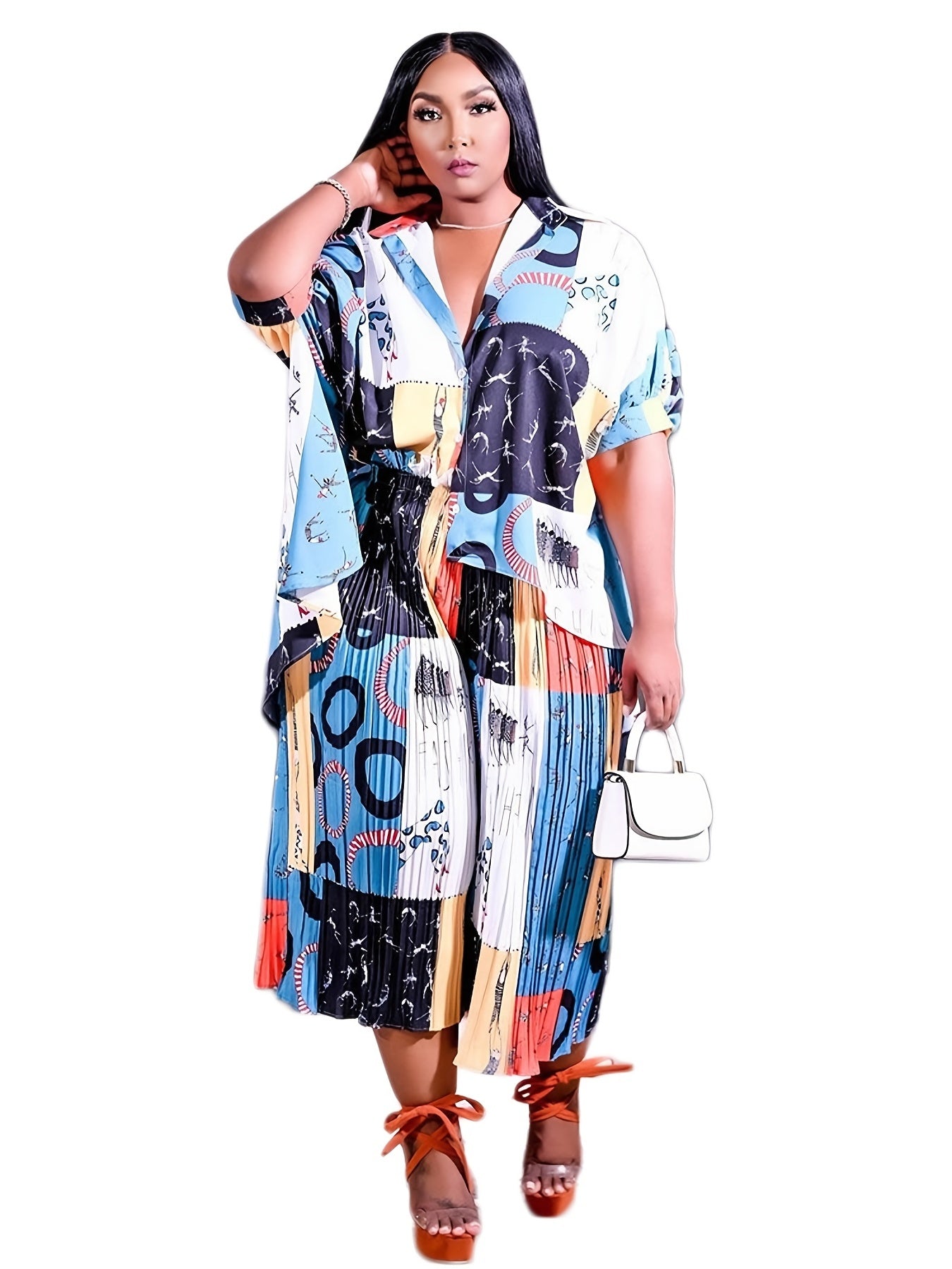 Random Print Shirt & Wide Leg Pants Set Women's Plus Street Styl