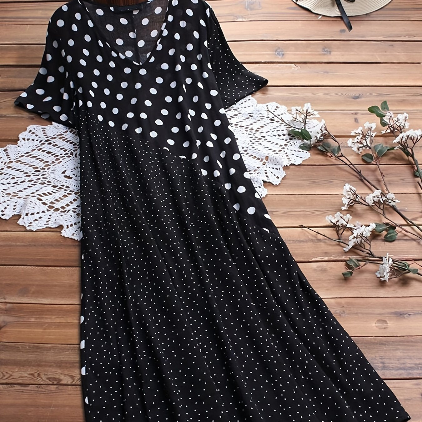 Women's Plus Colorblock Dot Print V Neck Maxi Dress