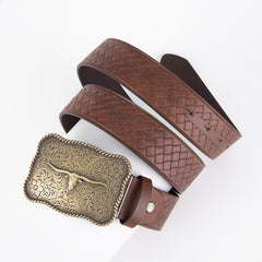 Men's Western Buckle Belt with Bull Head Embossing