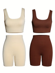 4pcs Women's Seamless Backless Tank Sport Bra & High Waist Shorts Set