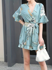 Floral Print Ruffle Trim Rompers Women's Clothing