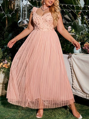 Golden Leaf Print V Neck Ruffle Trim Mesh Overlay Plus Size Bridesmaid Dress