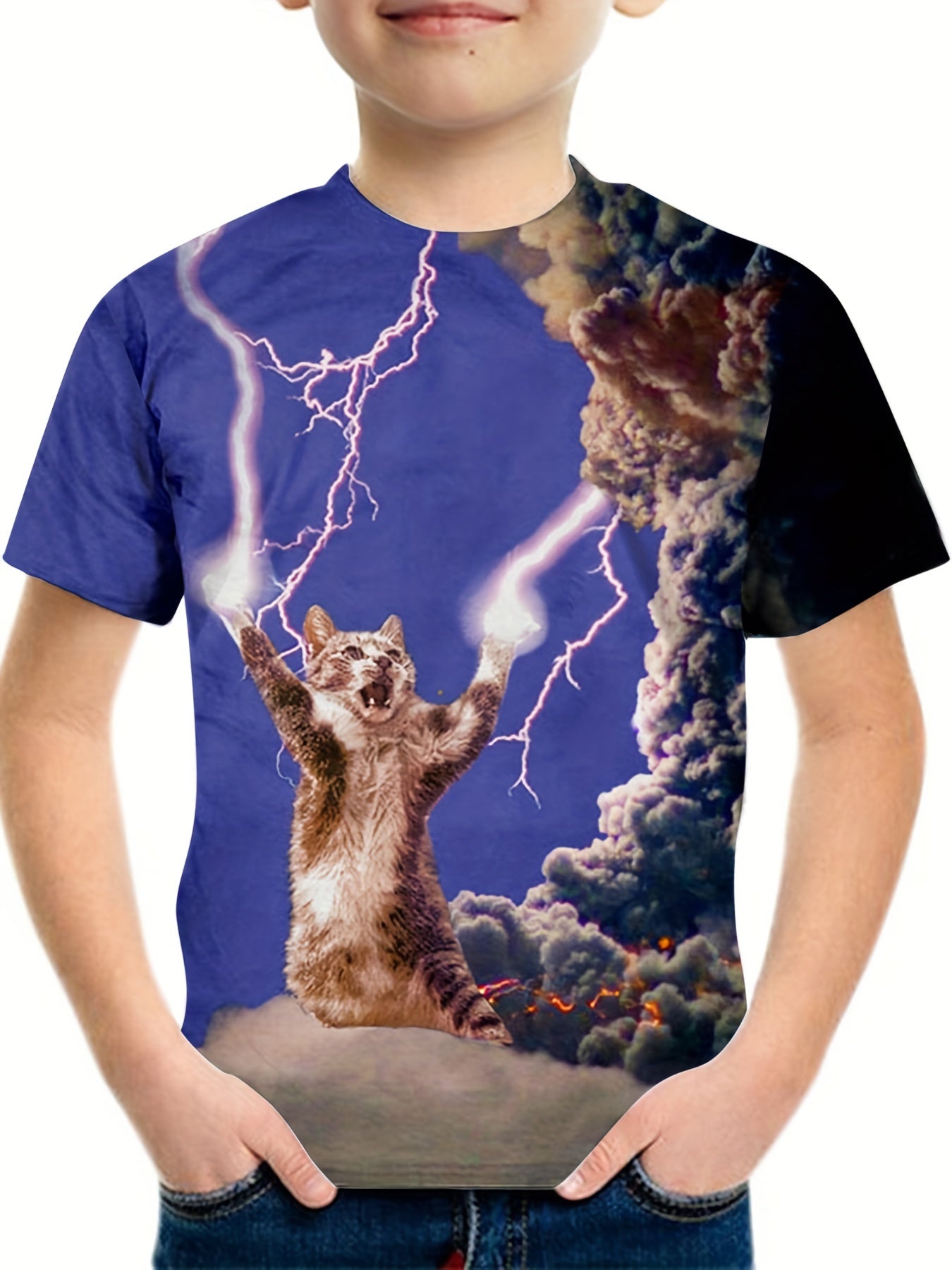 Boys Cat & Lightning 3D Print T Shirt Summer Tee