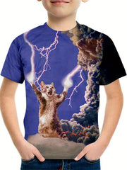 Boys Cat & Lightning 3D Print T Shirt Summer Tee