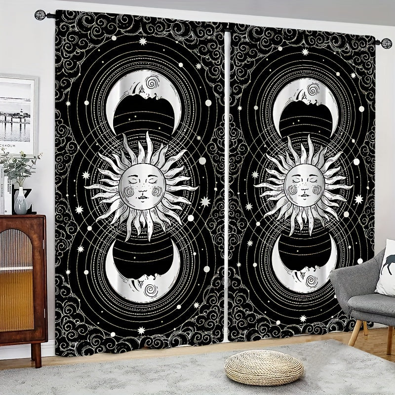 2pcs Sun Moon Printed Curtains Rod Pocket Semi Blackout Window Curtains
