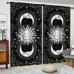 2pcs Sun Moon Printed Curtains Rod Pocket Semi Blackout Window Curtains