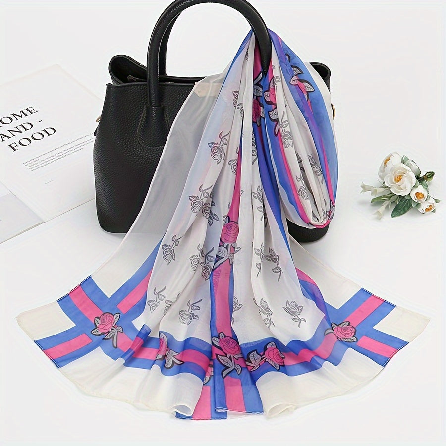 Stylish Flower Chiffon Scarf Wide Stripe Print Shawl Sunscreen Head Wrap