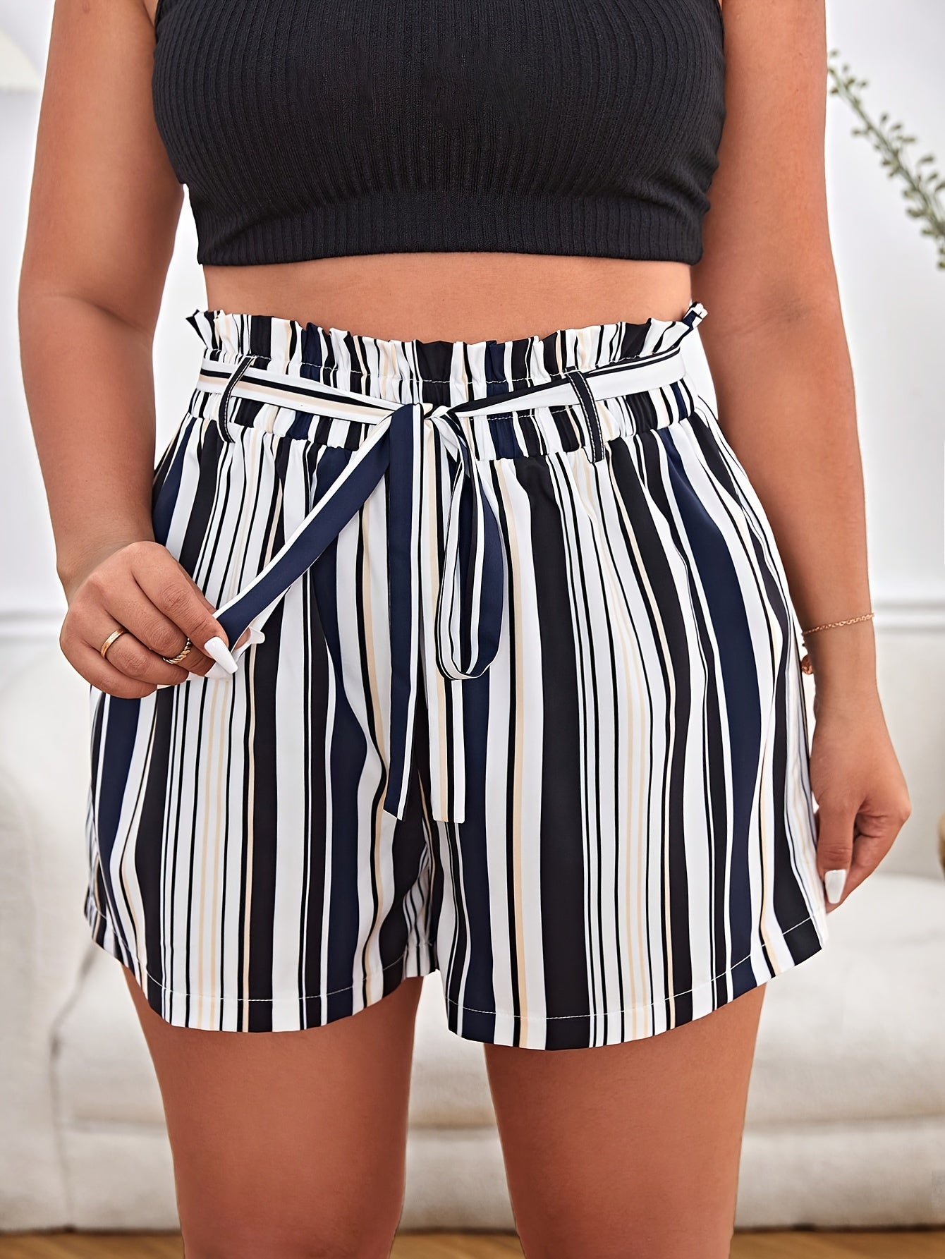 Women's Plus Stripe Print High Rise Shorts with Belt