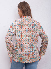 Boho Blouse Women's Plus Allover Print Long Sleeve Button Up Mock Neck Shirt Top