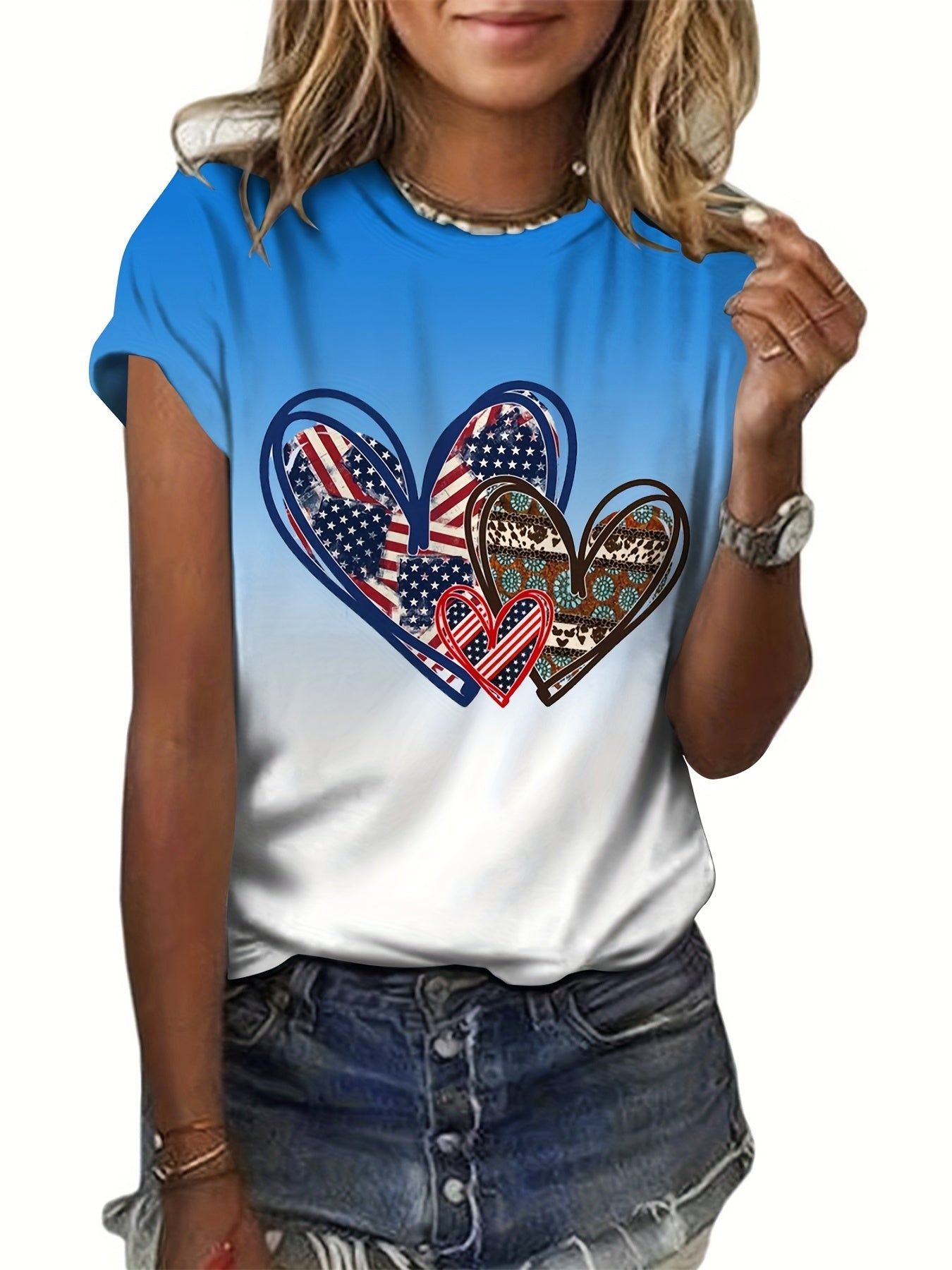 Summer Hearts Shape American Flag Tie Dye T-shirt Short Sleeves