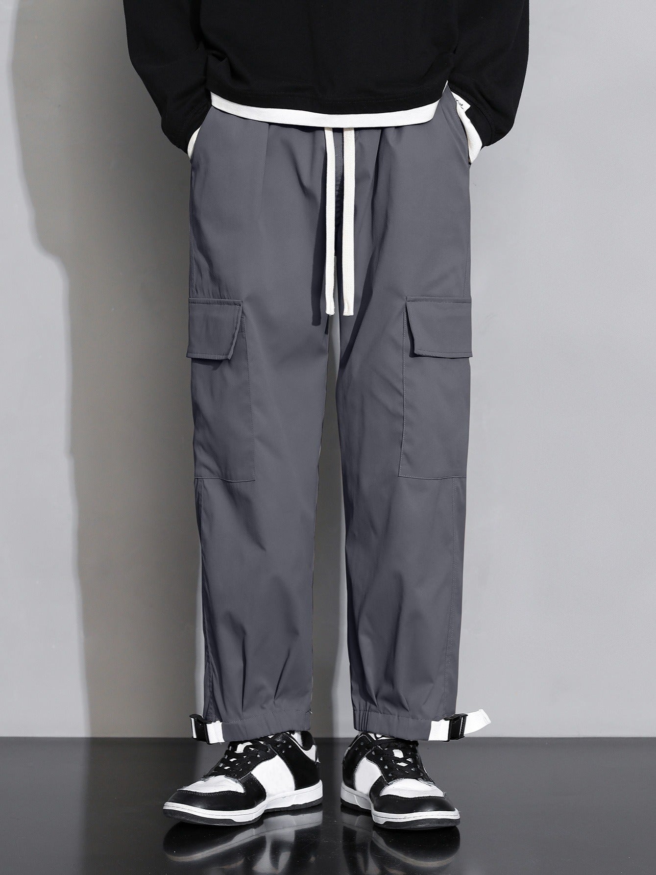 Autumn Winter Grey Cargo Pants With Ankle Straps