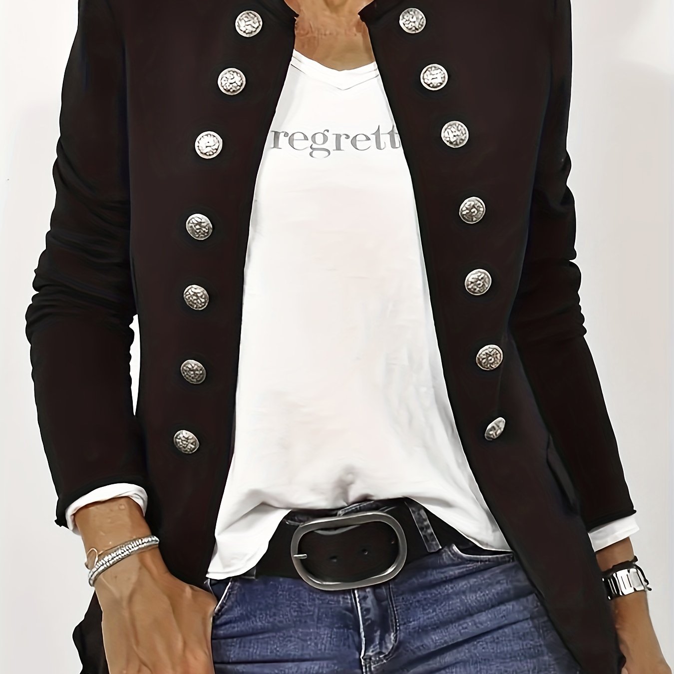 Solid Stand Collar Button Front Blazer for Women