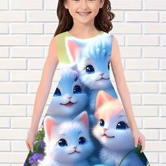 Chubby Cat Crew Sleeveless Dress for Girls - Summer Comfy Outdoor Dress
