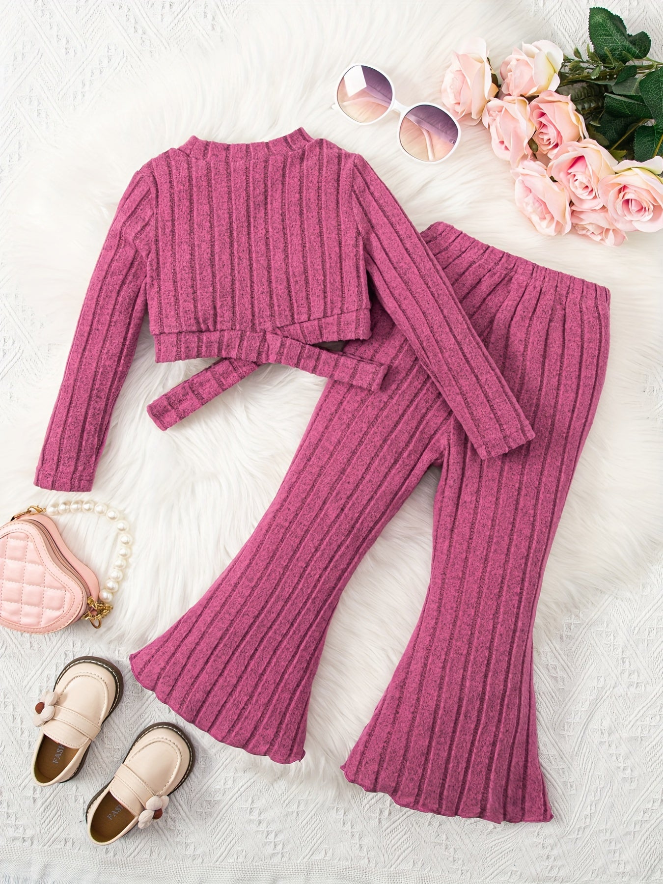 Toddler Girl's Ribbed Top & Flared Pants Set Casual Outfits