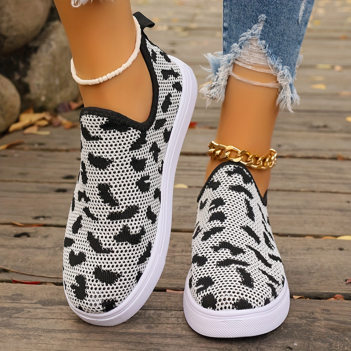 Cow Pattern Slip on Sneakers for Women, Lightweight Walking Shoes