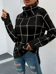 Plaid Turtleneck Knitted Pullover Top Long Sleeve Sweater