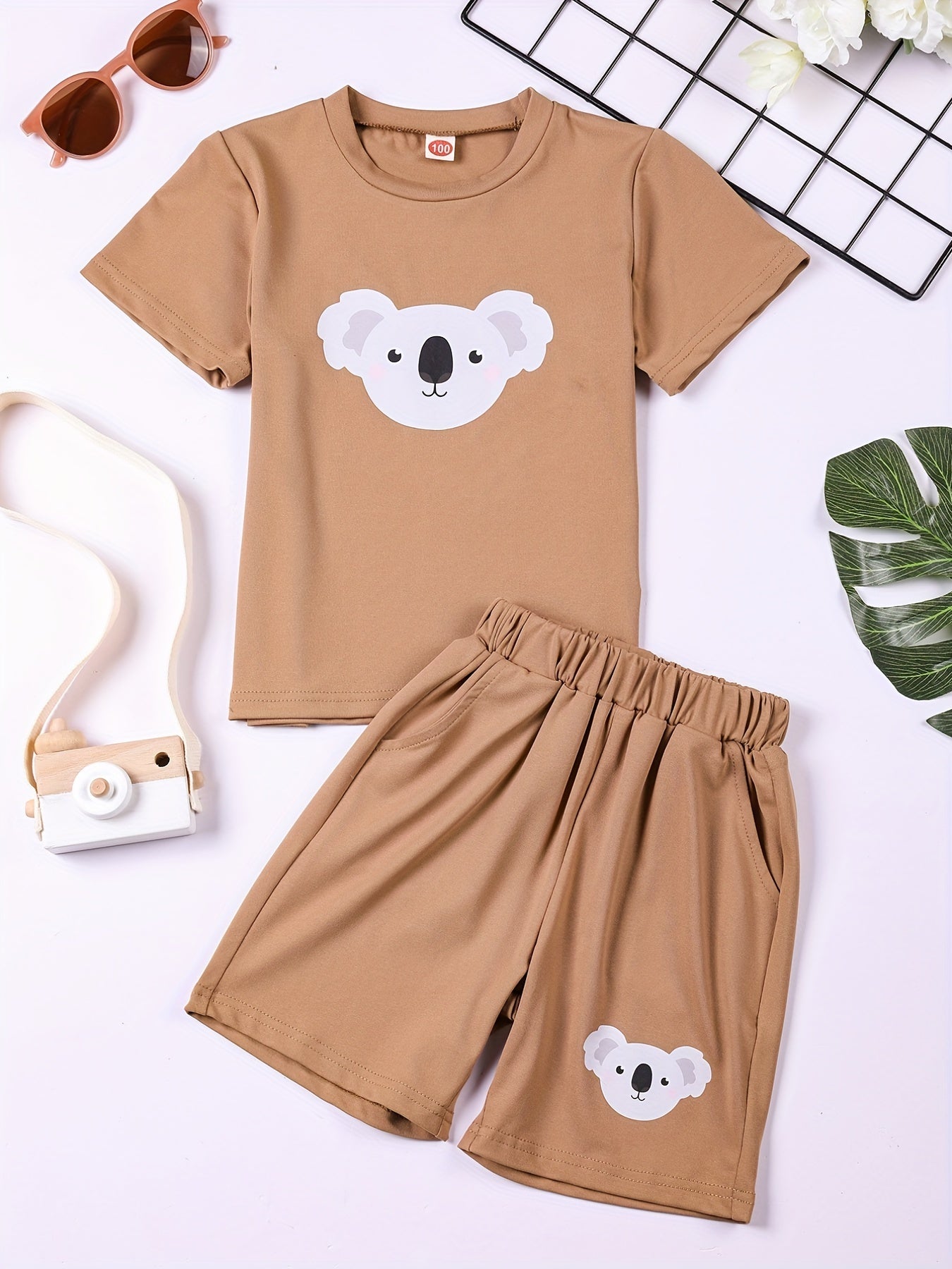 Boys Cartoon Koala Graphic Casual Outfit Round Neck T shirt & Shorts Set