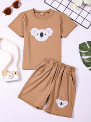Boys Cartoon Koala Graphic Casual Outfit Round Neck T shirt & Shorts Set