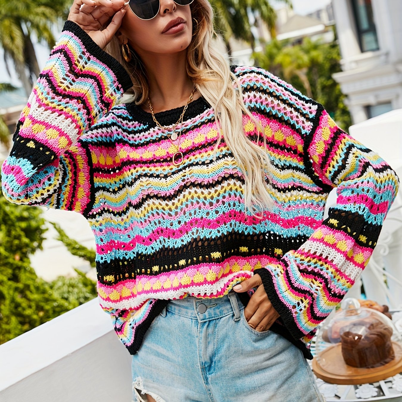 Striped Knit Sweater Crew Neck Long Sleeve Casual Sweater