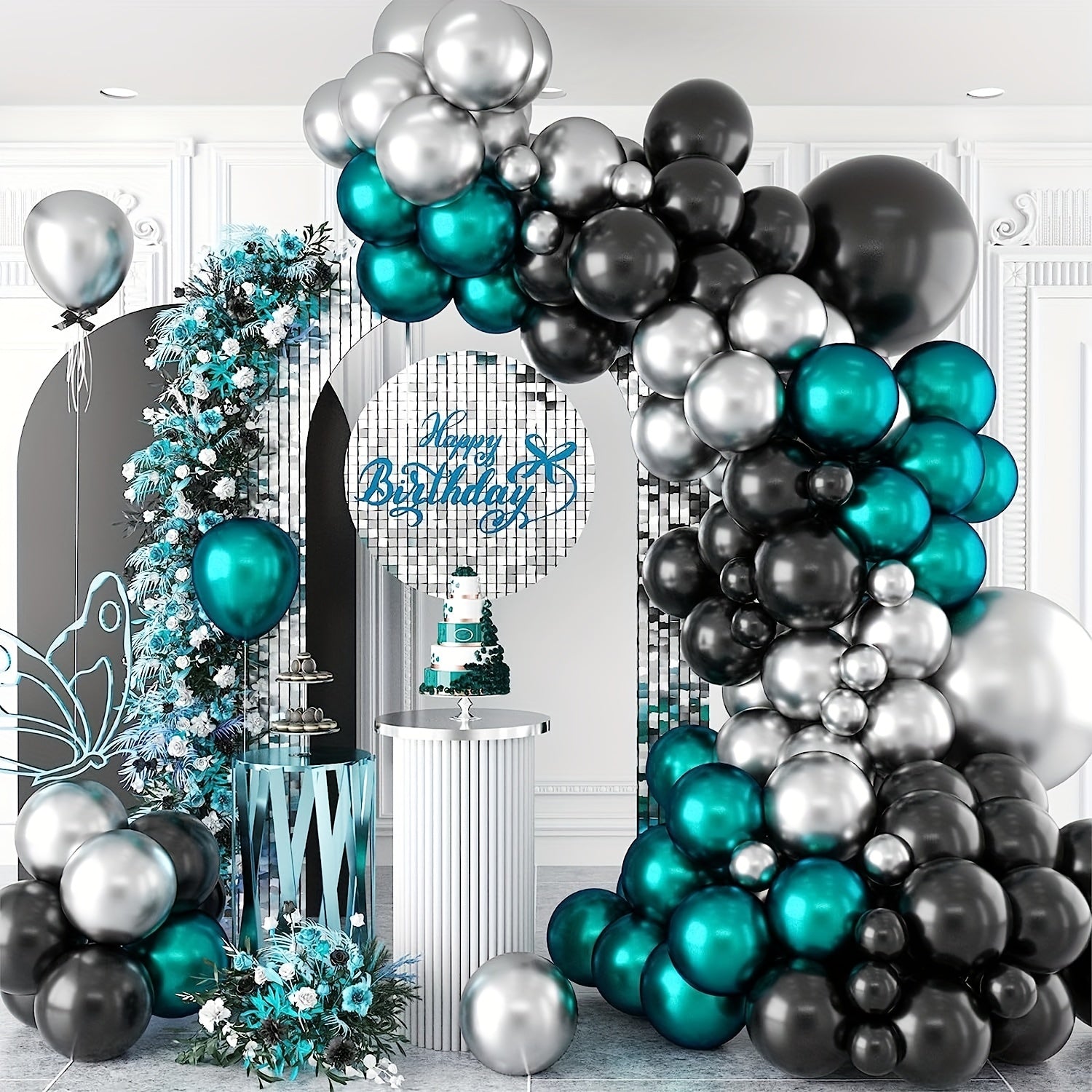 88pcs Teal Balloon Arch Kit Birthday Party Balloons Metallic Silver