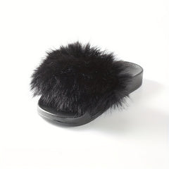 Women's Fluffy Fur Slippers Open Toe Platform Non Slip Shoes