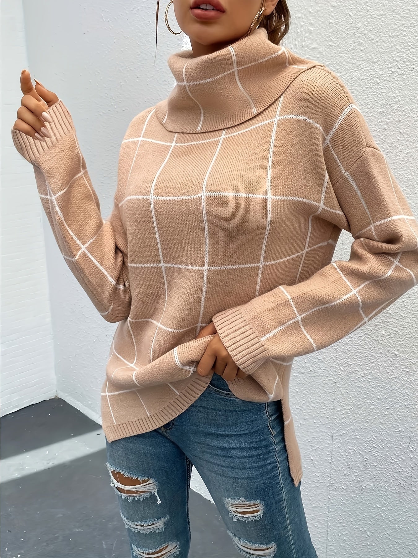 Plaid Turtleneck Knitted Pullover Top Long Sleeve Sweater