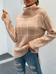Plaid Turtleneck Knitted Pullover Top Long Sleeve Sweater