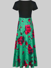 Floral Print Maxi Dress Short Sleeve Round Neck Boho Style