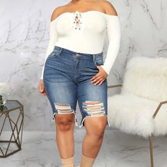 Distressed Denim Shorts Medium Stretch Jean Shorts