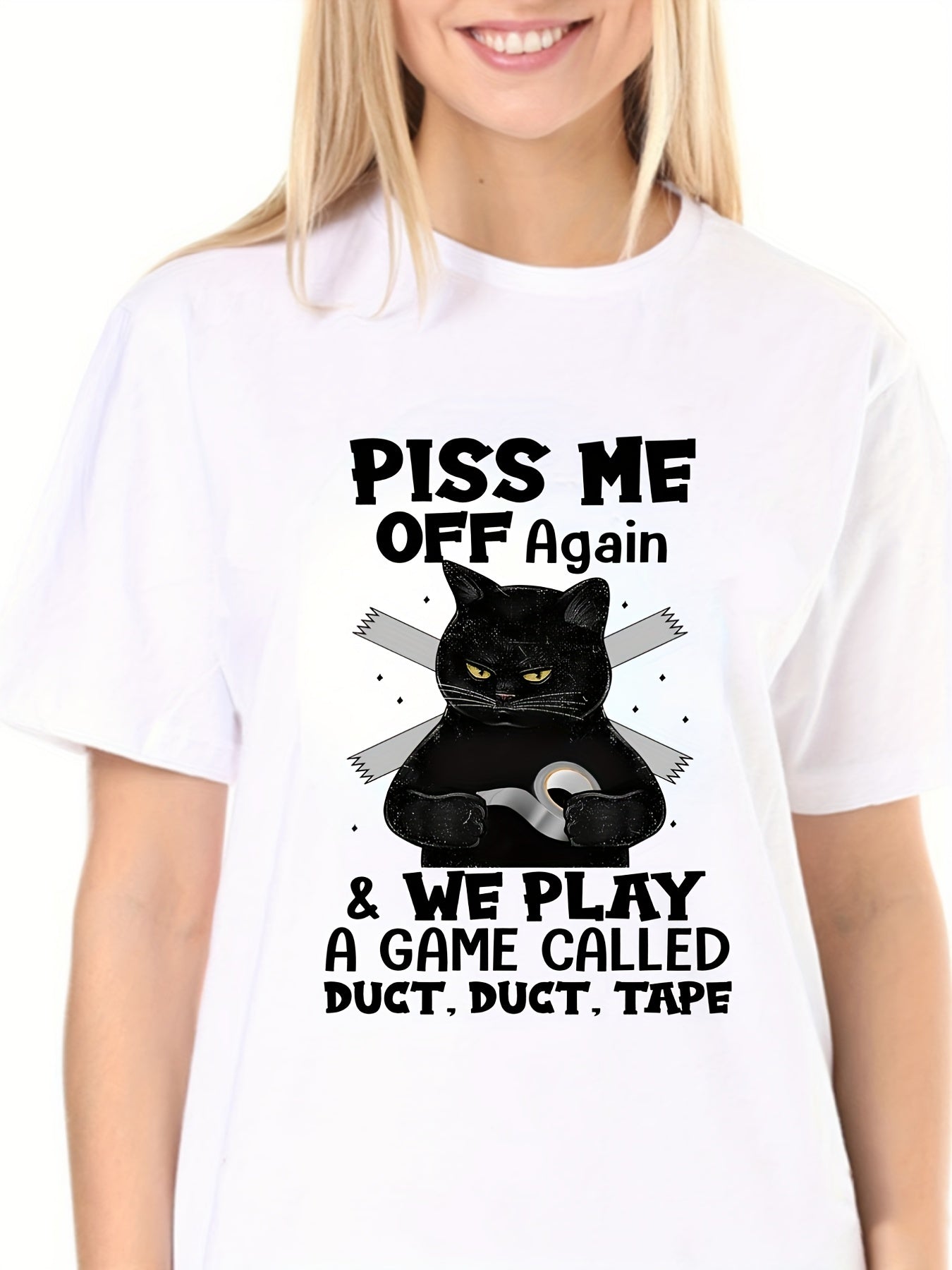 Fatty Cat Tee & Letter Print T-shirt Crew Neck Short Sleeve Top Women's Summer