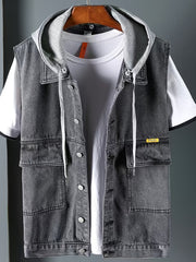Men's Dark Grey Denim Vest With Hood