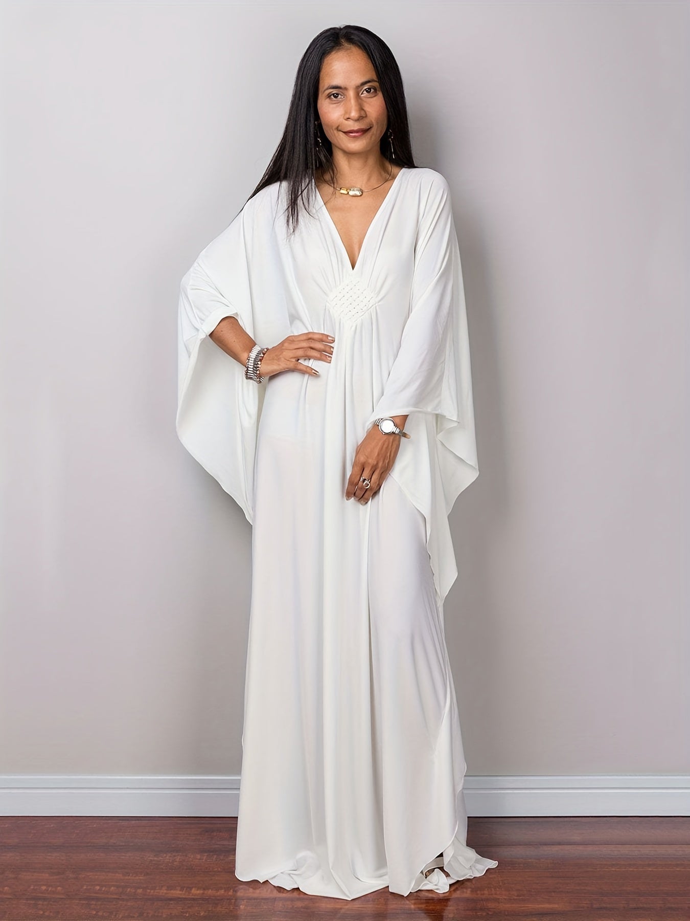 Boho Cover Up Solid Chinese Knot Bat Sleeve V Neck Maxi Dress