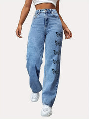 Butterfly Print High Waist Straight Leg Jeans Y2k Street Style Denim Pants