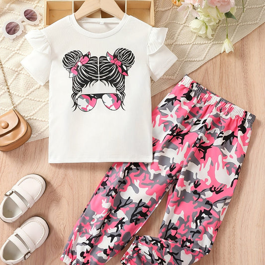 Girl's Sunglasses Print T-shirt & Pants Set for Summer
