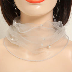 Chiffon Neck Collar Ruffles Infinity Scarf Faux Pearl Decor