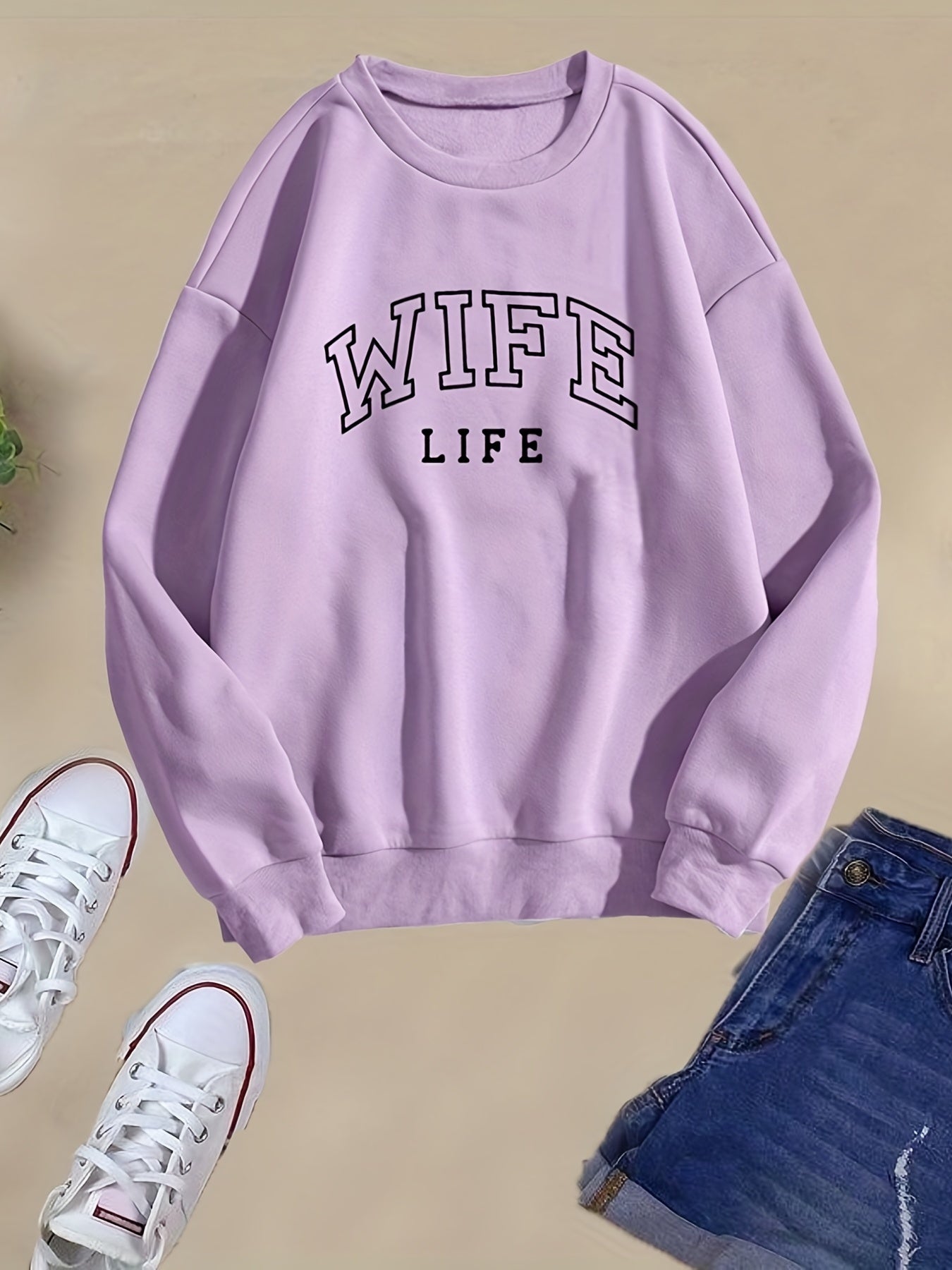 Wife Life Print Sweatshirt Long Sleeve Crew Neck Casual Sweatshirt
