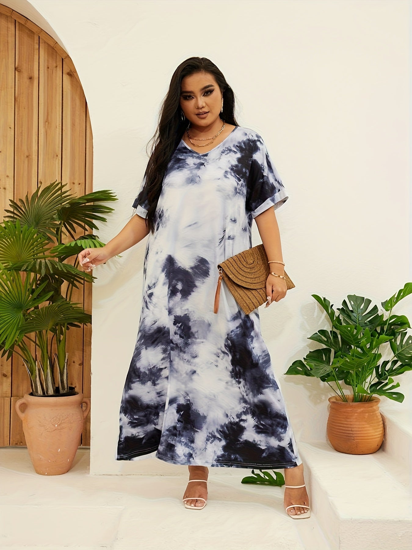 Tie Dye Short Sleeve Nightdress V Neck Loose Sleep Dress