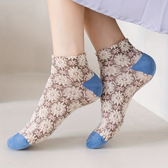 5 Pairs Floral Print Short Socks Retro Style 3D Textured Low Cut Socks