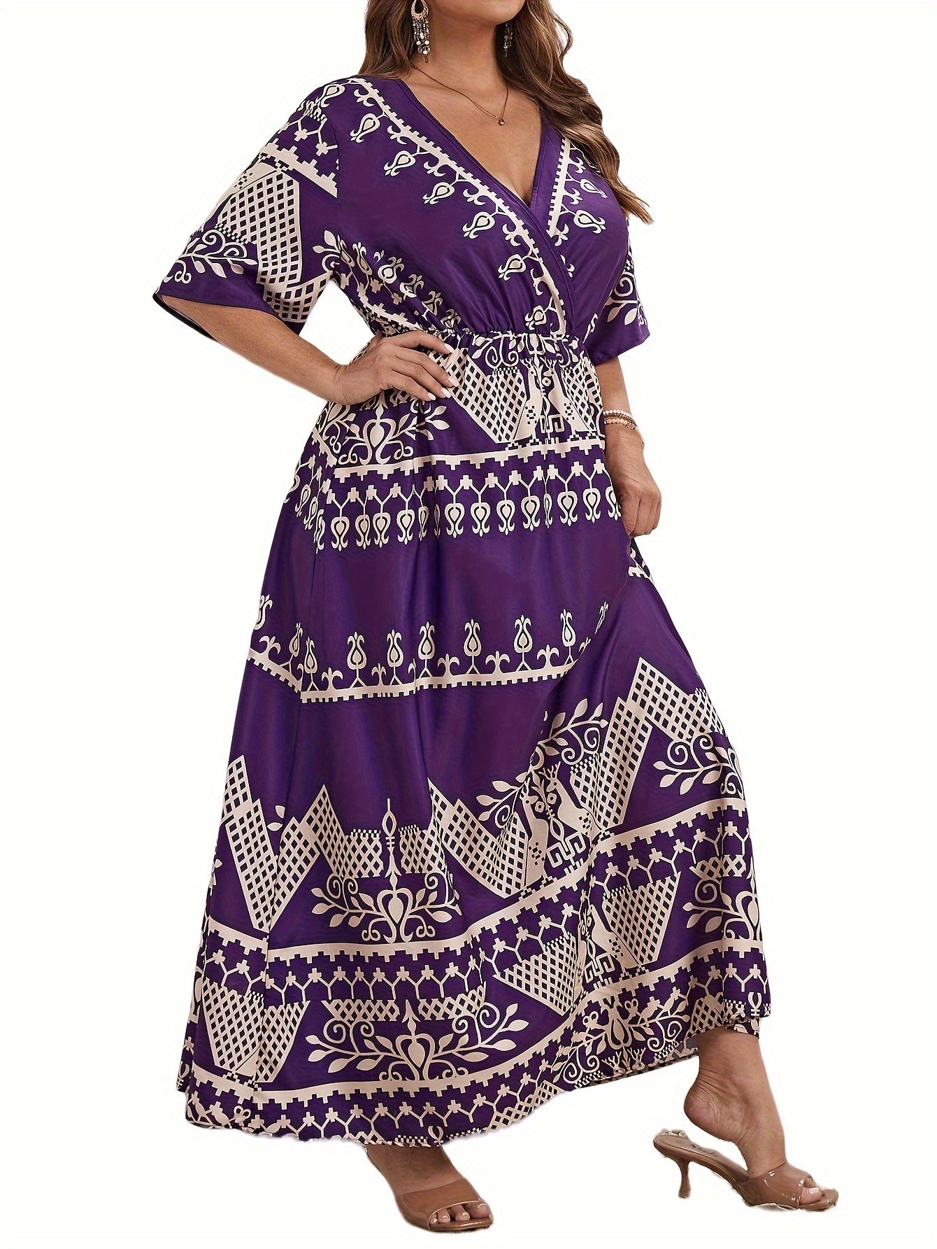 Boho Dress Women's Plus Floral Print Surplice Neck Maxi Dress
