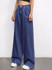 Double Pocket Detail Wide Leg Mopping Jeans Mid Rise Washed Patch