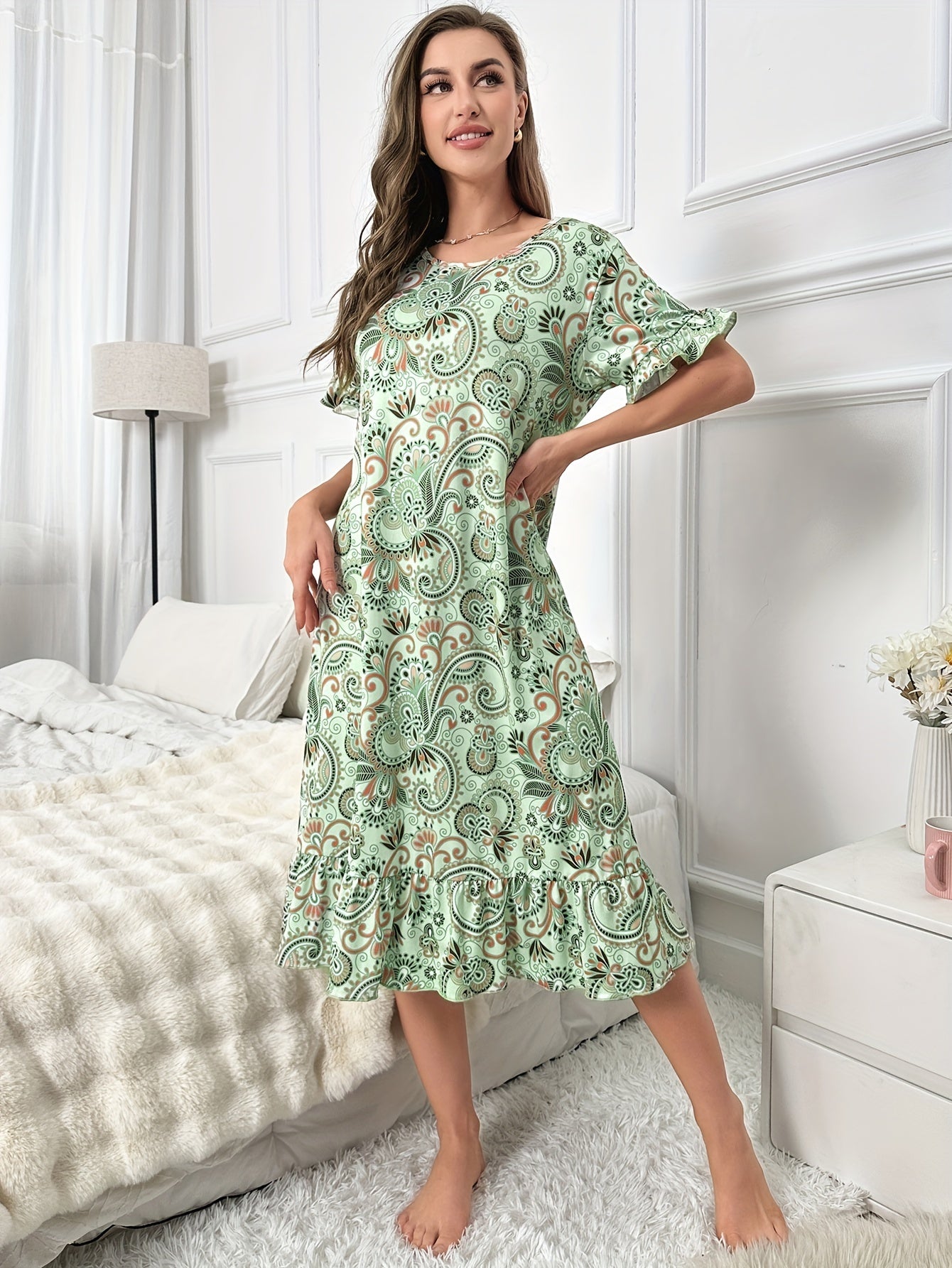 Geometric Pattern NightDress Short Sleeve Ruffle Pajama Dress