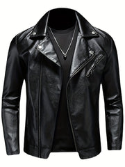 PU Biker Jacket Men's Casual Solid Zip Up Lapel Faux Leather Jacket