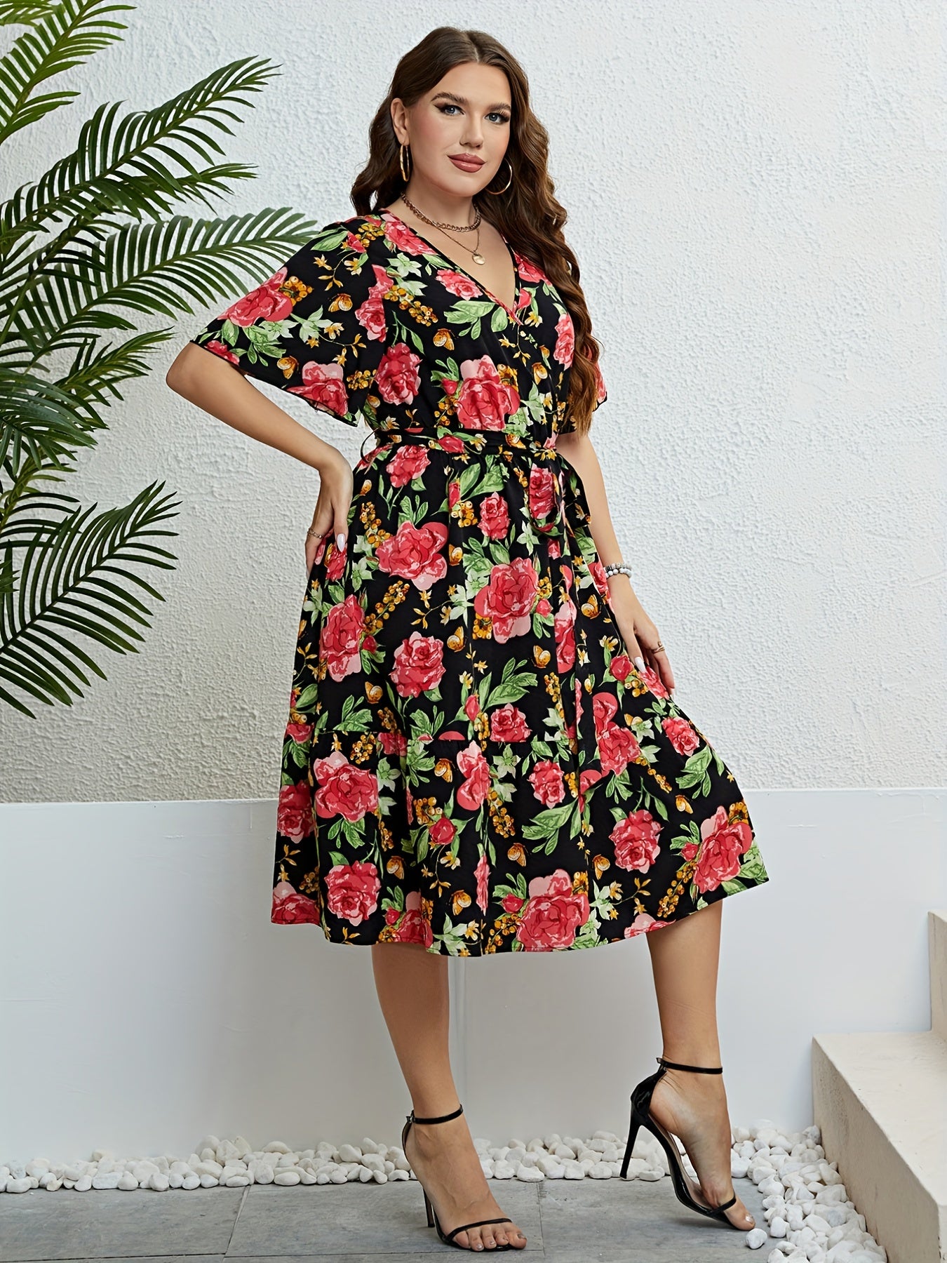 Plus Floral Print Short Sleeve Surplice Neck Stretch Midi Dress With Belt