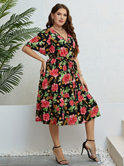 Plus Floral Print Short Sleeve Surplice Neck Stretch Midi Dress With Belt